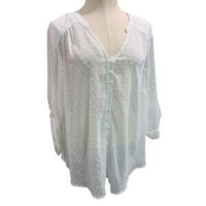 3X Torrid Womens Sheer White Swiss Dot Blouse Button Up Shirt Roll Tab Sleeves